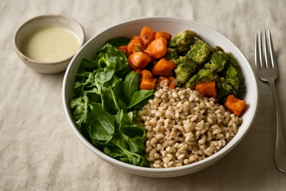 A composed grain bowl with roasted vegetables, grains, greens, and a simple dressing