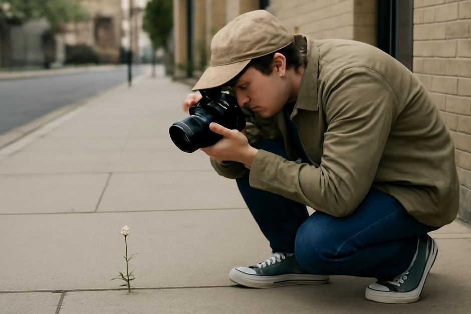 Person photographing a small flower on a city pavement