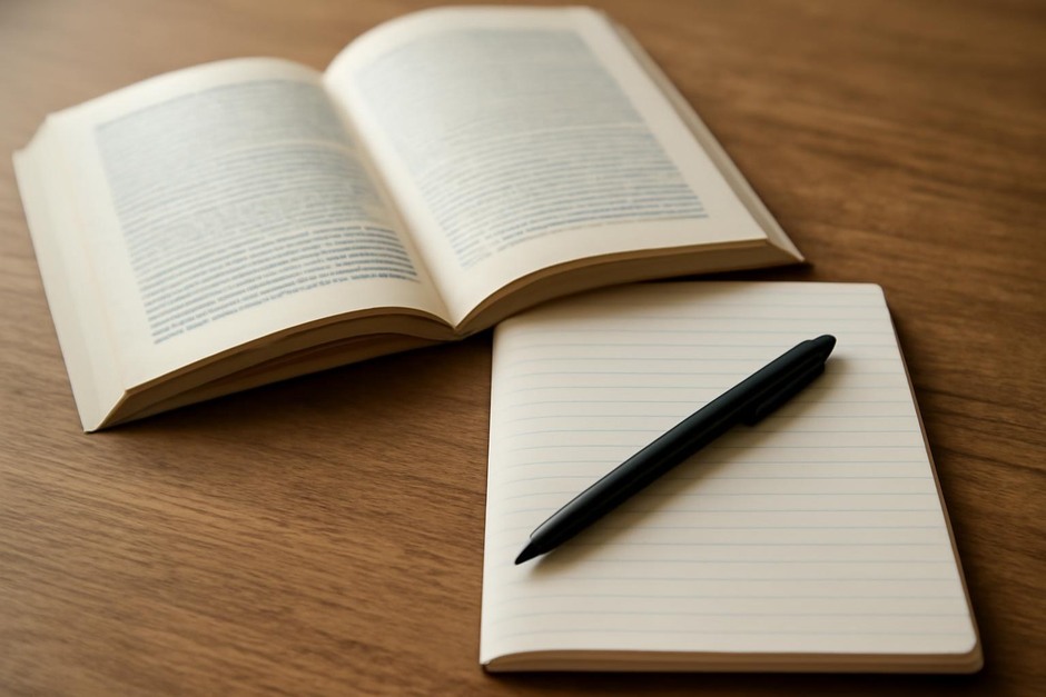 A notebook and pen beside an open book on a table