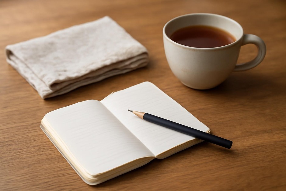 A small notebook, a cup of tea, and a folded kitchen towel on a wooden table