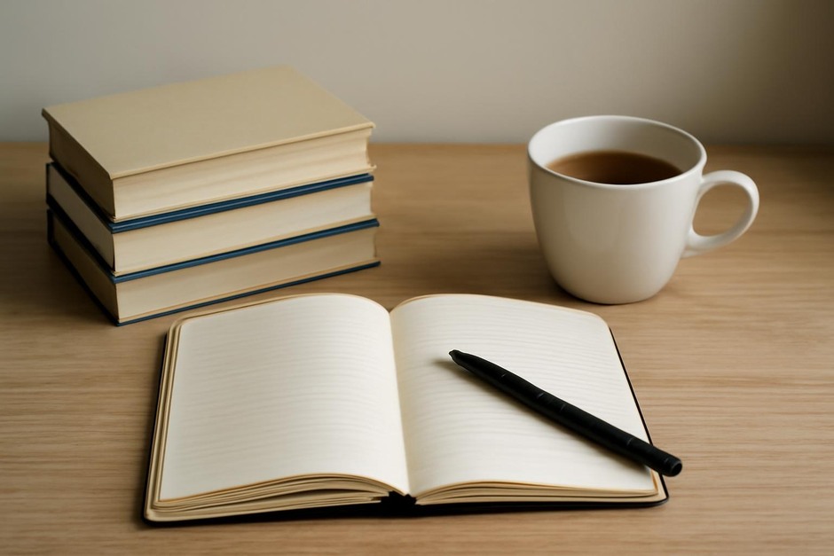 A small stack of books and a notebook beside a cup of tea
