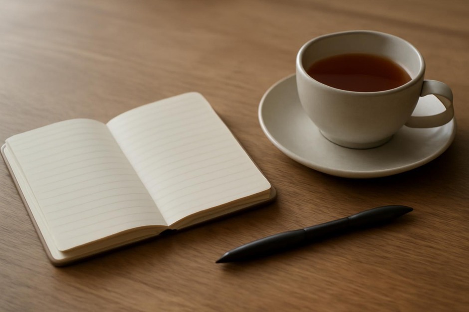 A small notebook open on a table beside a cup of tea and a pen