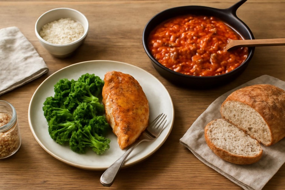 Simple weekday dinner on a wooden table